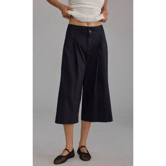 By Anthropologie Womens Pleated Front Wide Leg Cropped Pants Black Size‎ 8 NWT - Picture 1 of 13